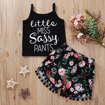 

2020 Kids 2 Piece Sets Little Miss Sassy Pants Letters Print Black Tank Tops and Floral Shorts Girl Summer Clothes 1 To 5 Years