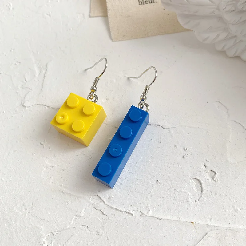 Забавные яркие строительные блоки Висячие серьги милые цветные геометрические Асимметричные для женщин и девочек детские ювелирные изделия подарок - Окраска металла: yellow blue