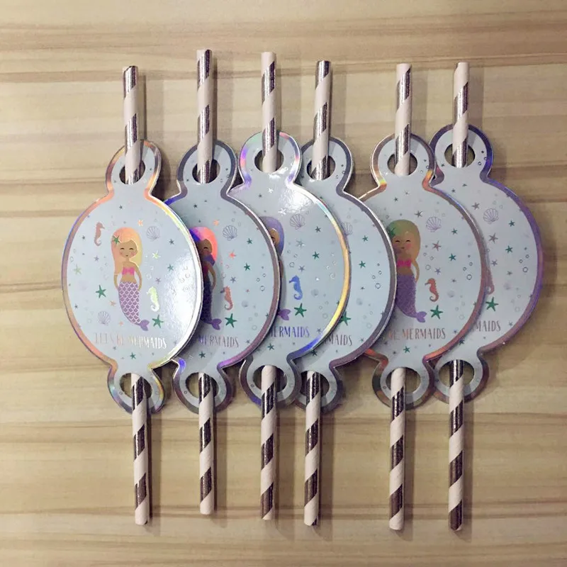 6pcs straws Украшения на день рождения Русалочка бумажные тарелки стаканчики соломенная одноразовая посуда для детей вечерние аксессуары для девочек предметы для украшений - Цвет: 6pcs straws