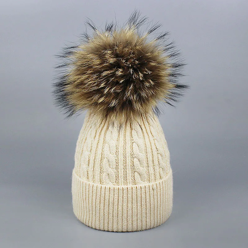 Женская зимняя вязаная шапка с помпоном из натурального меха, Вязаная Мягкая теплая шапка, осенняя женская вязаная одноцветная шапка с помпоном для взрослых - Цвет: J