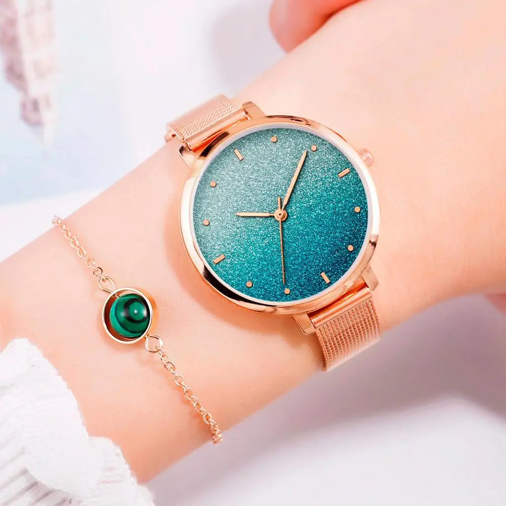 Green With Bracelet Для женщин звездное небо Алмазный металлический сплав часы Роскошный Кристалл Модные часы дамы браслет часы подарок часы Relogio Feminino - Цвет: Green With Bracelet