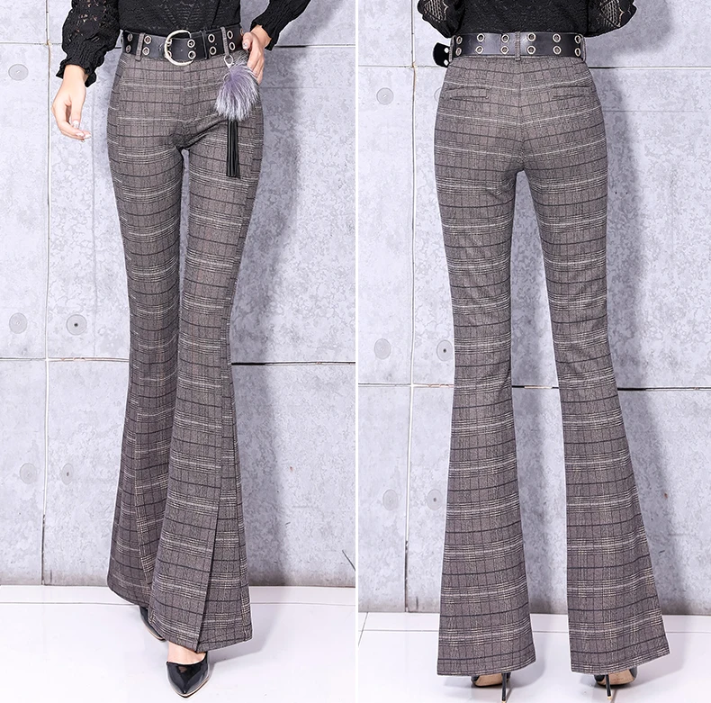 2019 New Autumn Plaid Wide Leg Pants For Women Office Work Wear Lady Pants With Belt Long Trousers Female Fashion Design Trouser (3)