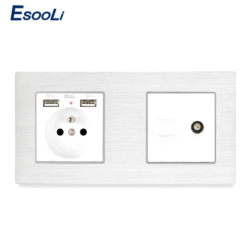 Esooli Французский Алюминиевый металлический панельный разъем с USB RJ45 Интернет-данных компьютерный разъем с женским ТВ розетка настенная розетка