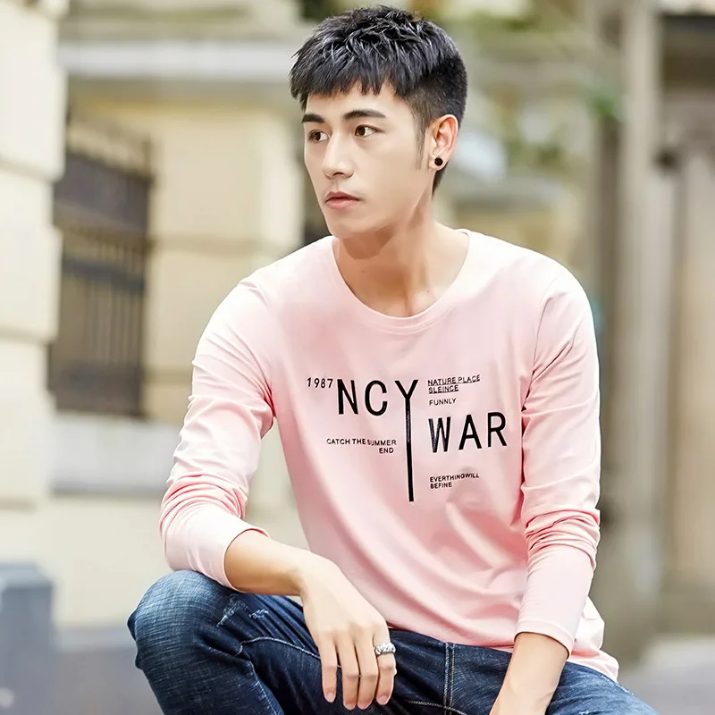 

2019 fall Letter print long sleeve t shirt men Korea style Fashion Slim plus size 4xl clothes funny rock Bottoming streetwear