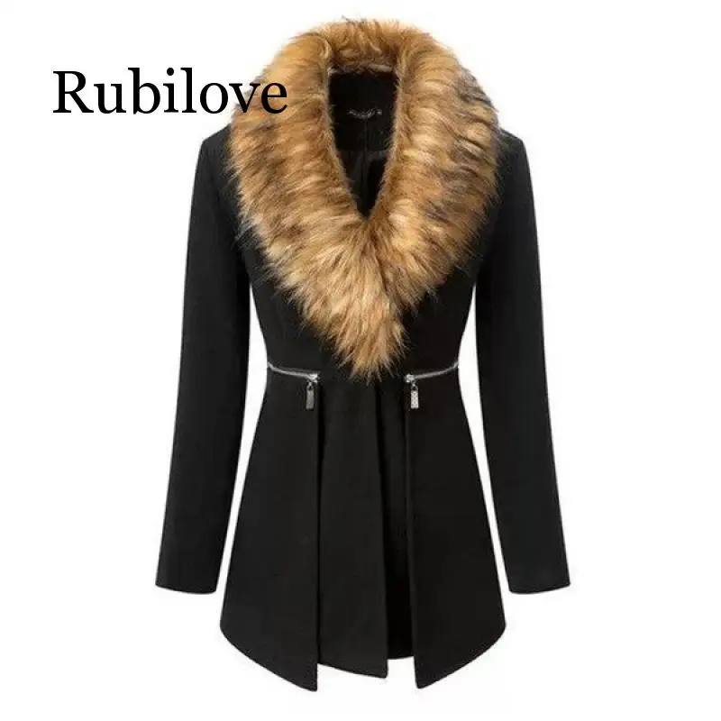 

Rubilove faux fur Women Spring Autumn Fashion OL trench Black faux fur coats Outerwear 2019 Coat