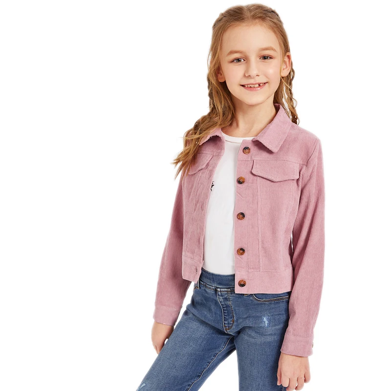 SHEIN Kiddie/Розовая однобортная куртка на пуговицах для девочек, пальто для подростков, коллекция года, осенние куртки с отложным воротником