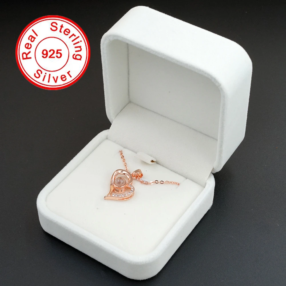 Сердце розовое золото S925 серебро 100 языков I Love You проекция женская подвеска на цепочке S925 серебро модные ювелирные изделия - Окраска металла: S925 GoldWhiteBox