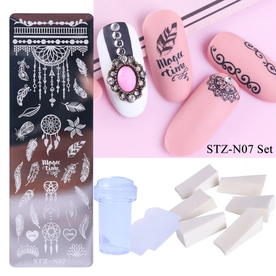 STZ-N07 Set 1 Набор для штамповки ногтей, штамповка, скребок, лист, роза, снежинки, дизайн ногтей, штамп, шаблоны, губка, Рождественский маникюр, TRSTZN01-12-2 - Цвет: STZ-N07 Set