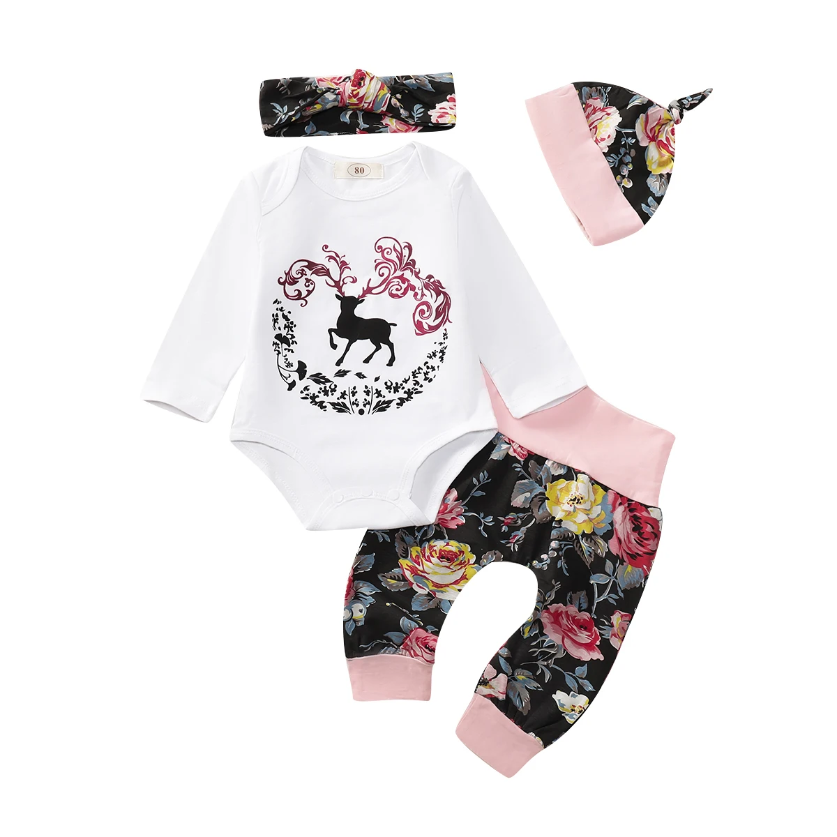 4PCS Newborn Infant Baby Girls Clothes Outfits Deer Romper Long Sleeve Shirts Tops Floral Pants Clothes Set Sports Suits