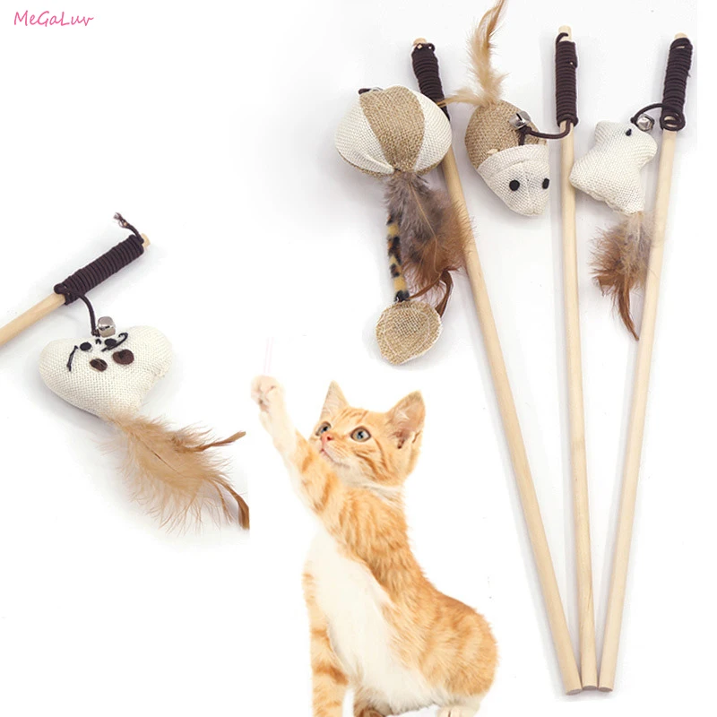 Cartoon Pet Cat Teaser Toys Feather Wood Rod Mouse Toy With Mini Bell