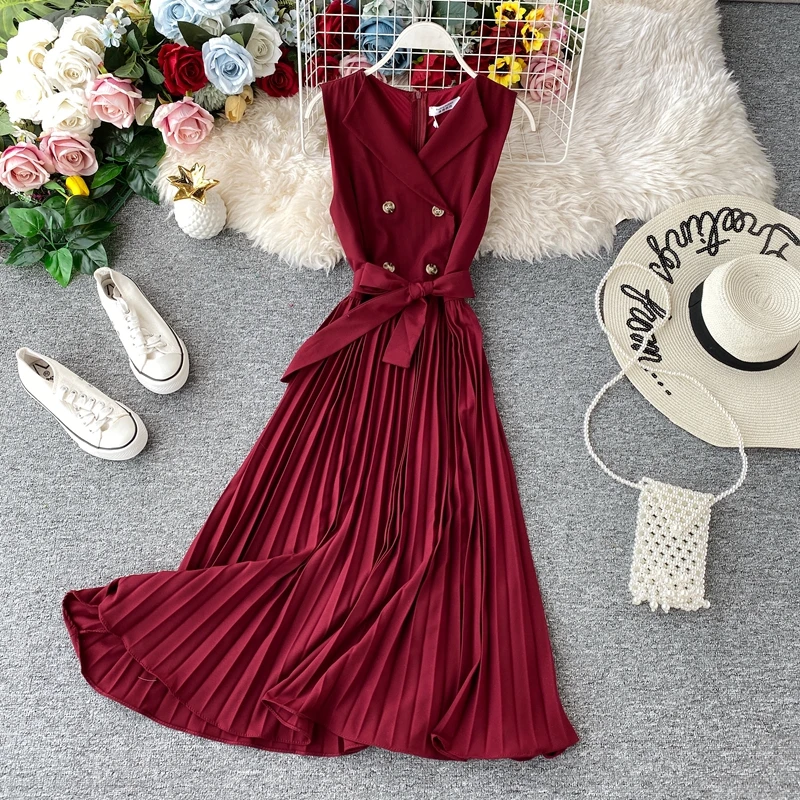 wine red Винтажное тонкое Бандажное Летнее Длинное платье миди, вечерние платья, женское Повседневное платье на бретелях, сарафан, туника, плиссированные элегантные платья - Цвет: wine red