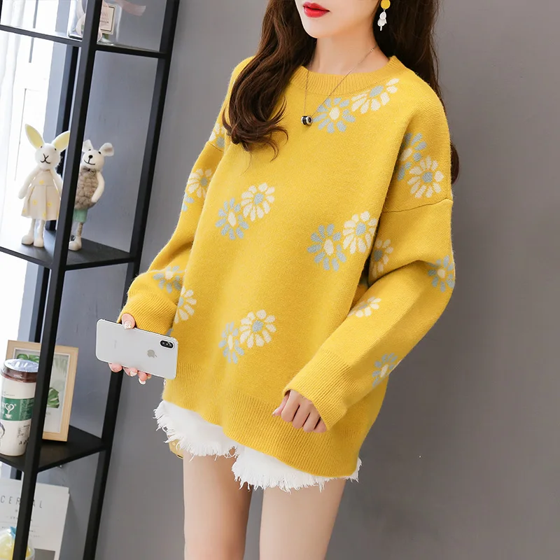 yellow pullover Woherb Осень женский свитер с круглым вырезом и длинными рукавами джемпер с цветами повседневные свободные пуловеры милый вязаный Топ джемпер студенческий 90657 - Цвет: yellow pullover