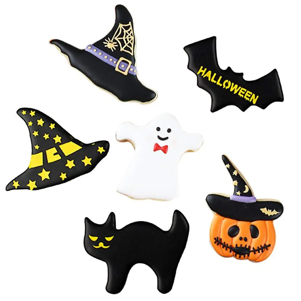 Utensilios de repostería Halloween Cortador de galletas,juego cortadores de galletas de acero inoxidable de 7 piezas,modelo de galleta que incluye bruja,fantasma,calavera,calabaza,murciélago,gato,sombrero de bruja