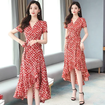 

Summer Floral Chiffon Women Long Dress Holiday Beach Print Sashes V-neck Elegant Fashion Ruffles Sexy Female Dresses Red