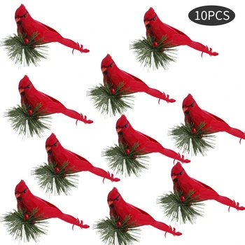 

10Pcs Realistic Red Feathers Artificial Birds Cardinal Clip On Xmas Tree Embellishment Festival Decor Household Accessories