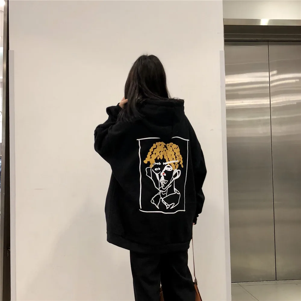 Корейский ulzzang Harajuku Забавный мультяшный принт с капюшоном плюс бархатная Толстовка Осенняя Новая модная свободная с капюшоном Повседневная Женская толстовка