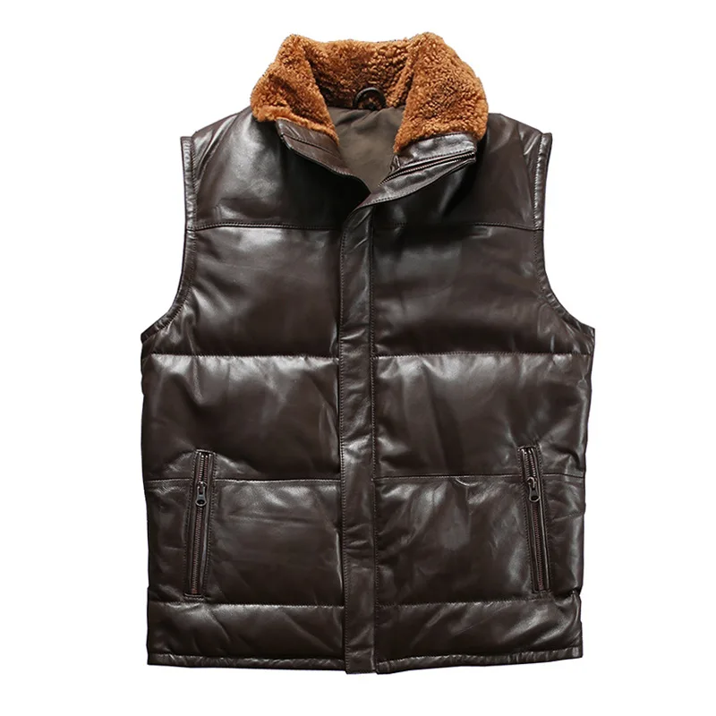 

2019 Winter Genuine Leather Vest Brown Sheepskin Duck Down Vest Thick Warm Waistcoat Sleeveless Jacket for Male