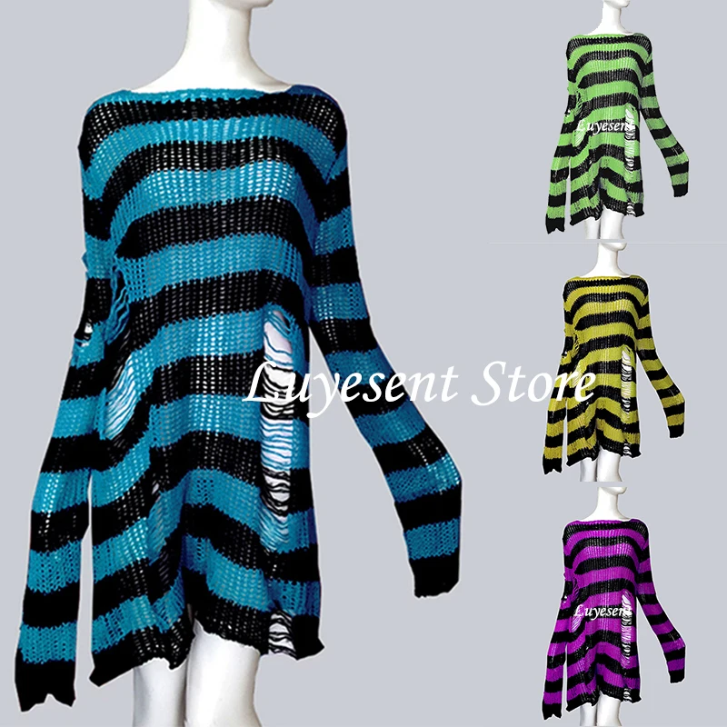 Suéter gótico a rayas para mujer, suéter de manga larga con cuello redondo, abertura, Hipster, estiramiento básico cálido, Top, 2021