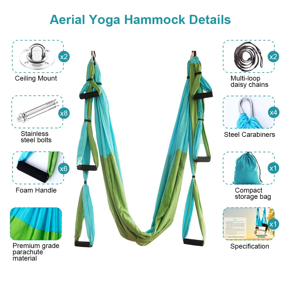 Aerial Yoga Hammock Kits Yoga Swing for Anti-gravity Yoga Inversion Exercises with Carry Bag and 2 Extension Straps