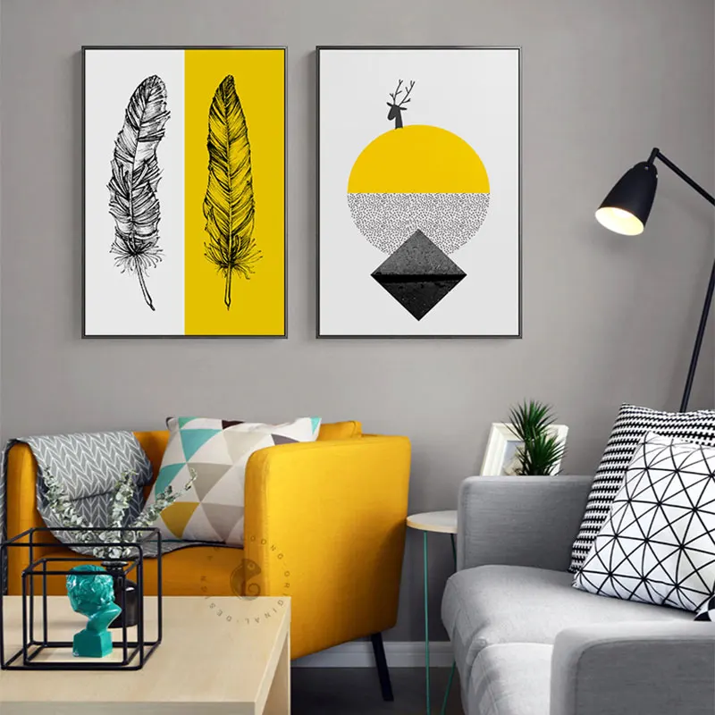 

Nordic Abstract yellow n white canvas painting posters and prints Minimalist decor wall art pictures for living room bedroom HD