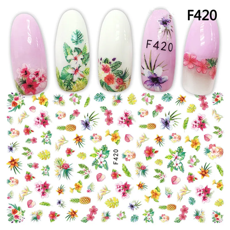 1 лист, единорог, фламинго, наклейки для ногтей, кружевные цветы, сушеные украшения для ногтей, лаванда, 3D наклейки s DIY, маникюр, наклейки для ногтей - Цвет: F420