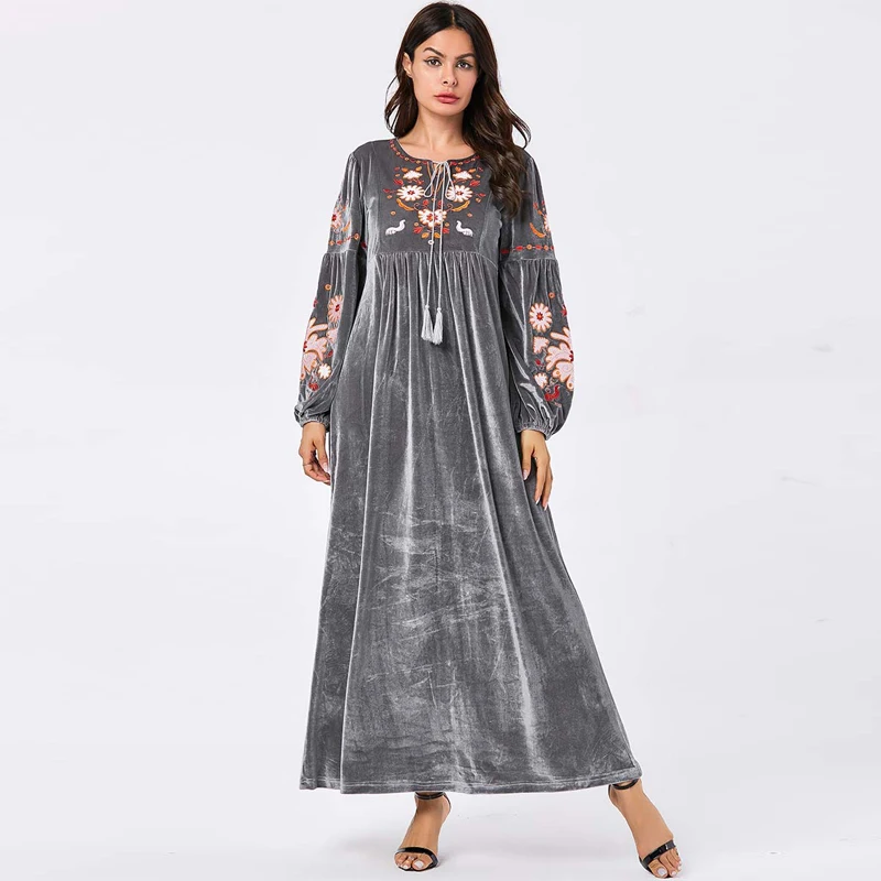 Gray dress Большие размеры Зима Vestidos Макси вышивка вельветовое платье женские платья Sukienki Vestido Longo Robe Longue Femme Elbise - Цвет: Gray dress