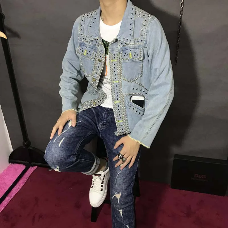 KIOVNO Men Punk Rivet Denim Jackets With Rhinestone Fashion Style Jeans Jackets Outwear Male Multi Pockets Size S-4XL (15)