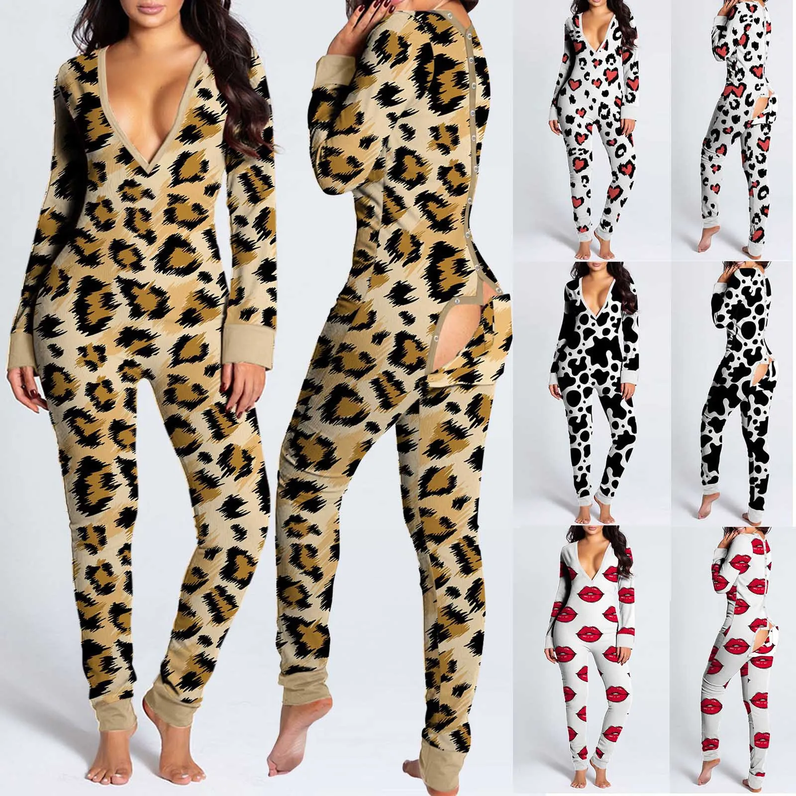Mono Sexy con solapa en el trasero para mujer, ropa de dormir de manga larga, mono Bodycon de leopardo y mariposa, pijama de entrepierna abierta
