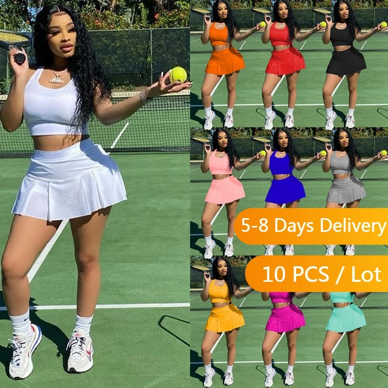 

Bulk Items Wholesale Lots Sport Two Piece Skirt Set Women Summer Tank Top and Pleated Mini Skirt Set Casual White Summer Outfits