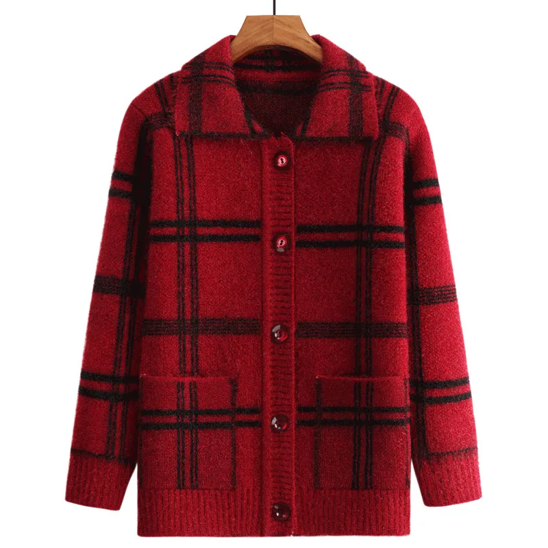 

Fashion Lapel Sweater Knitted Cardigan Coat Middle-Aged Elderly Women's Knitwear Autumn Winter Thicken Single-Breasted Jacket