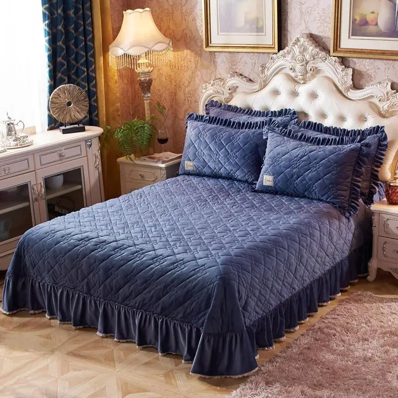 Navy Blue Soft Warm Fleece Quilted Bedspread Coverlet Quilt King