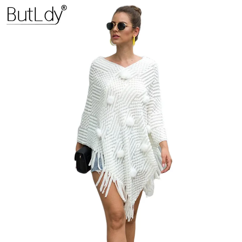 

Tassel Hairball V-neck Poncho Cape Women Pullovers Long Sleeve Solid Womens Capes Autumn Winter New Style 2019 Knitted Poncho