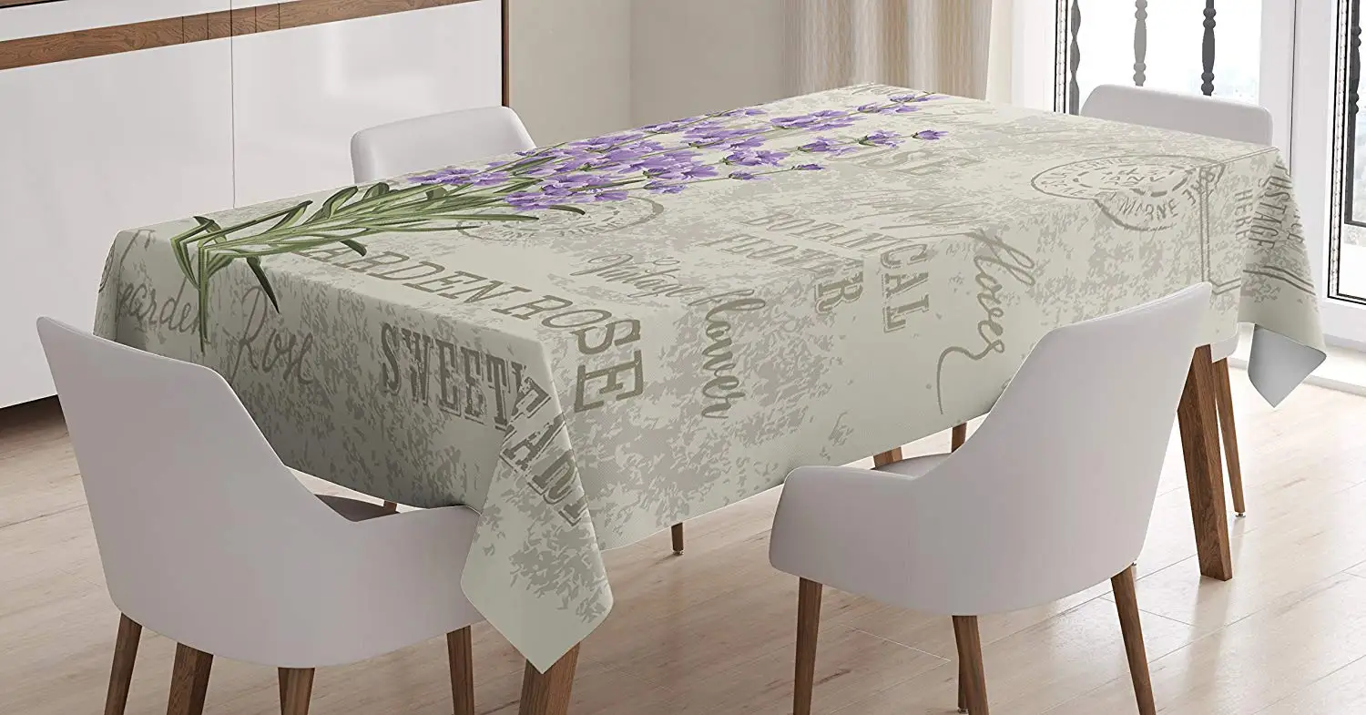 

Lavender Tablecloth Vintage Postcard Composition with Grunge Display and Flowers Table Cover for Dining Room Kitchen Decor