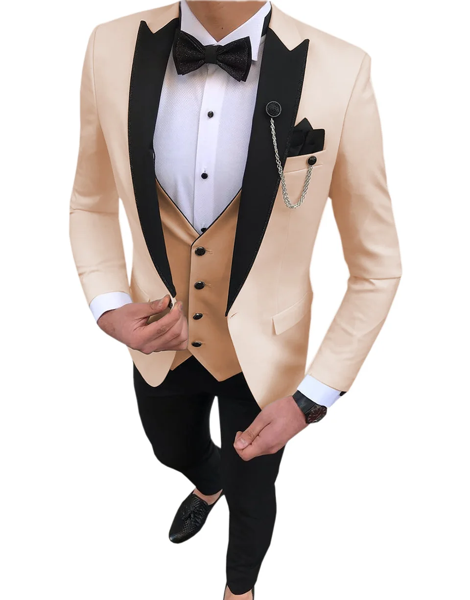 Beige Мужские костюмы из 3 предметов, облегающий повседневный мужской костюм с отворотом белого цвета слоновой кости, деловой смокинг для торжественных свадеб(Блейзер+ брюки+ жилет - Цвет: Beige