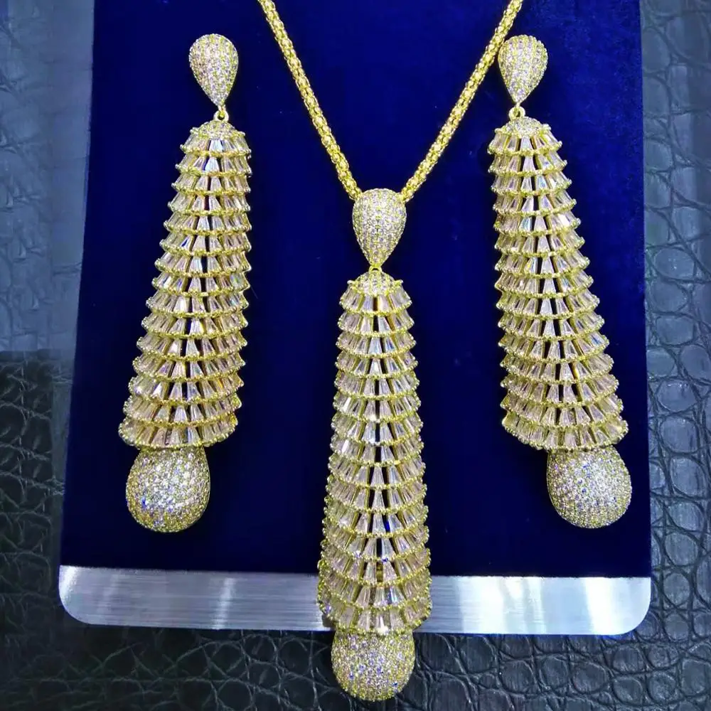 Gold Godki роскошный комплект из 2 предметов, длинное ожерелье, серьги, Дубай, свадебные комплекты ювелирных изделий, помолвка, brincos para as mulheres - Окраска металла: Gold