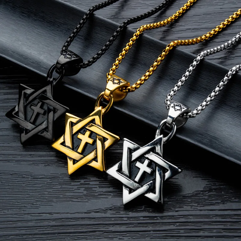 

Punk Black Gold Star of David Pentagram Pendant Religious Supernatural Necklace Jewish Shield Satan Charm Jewelry