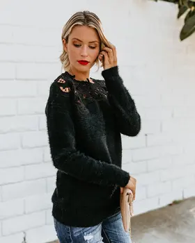 

Sexy Black Lace Women Hollow Sweaters Long Sleeve Pullover Tops Sweater Ladies O Neck Jumper Hollow Out Knitwear