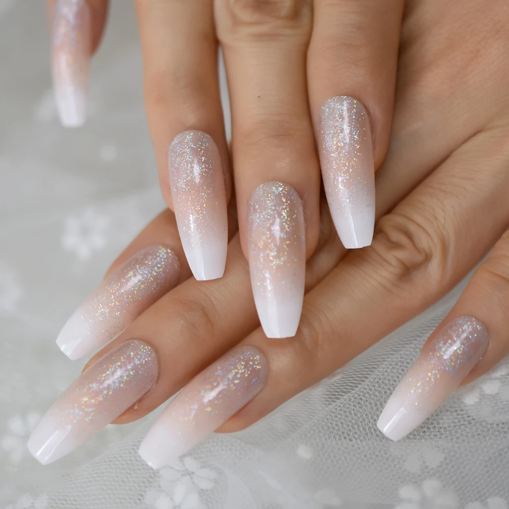 Holographic Faux Ongles Ombre Natural French Manicure Nail Glitter Gel Fake Nails With Designs Set 24 Ct False Nails Aliexpress