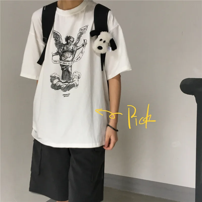 New Summer Angel Short Sleeve T-shirt for Men and Women Students with Loose Retro Neutral Top