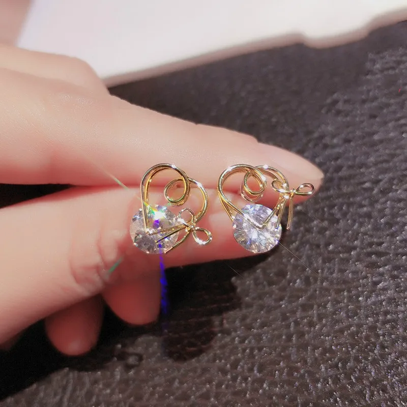 Cute Gold Heart Stud Earrings For Women With Bling Big Zircon Stone