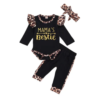 

Infant Baby Girls Lepoard Pattern Outfits Autumn Letter Print Bodysuit +Black Pants +Bowknot Headband 3PCS Set For 0-24M Babe