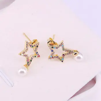 

6Pair, Micro Pave Colorful CZ New Fresh water Pearl Earrings Star Shaped Gold Color for Women Fashion Jewelry