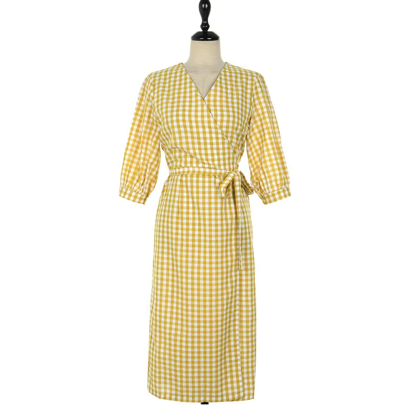 2020 Lace Up Bow Wrap V-Neck Three Quarter Sleeve High Waist Casual One Piece Dresses Summer New Korean Women Plaid Dress