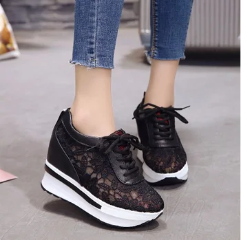 

2019 Hidden Heel Lace Mesh Spring Summer Autumn Wedge Shoes For Women Creepers Female Platform Slip on Sneakers
