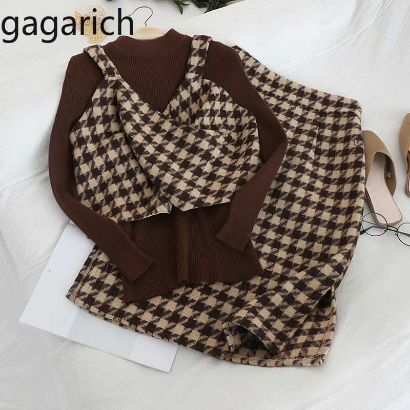 

Gagarich Women Three Piece Set Korean Bottomed Knitted Top Plaid Pattern Cross Sling Split Skirt Fashion Female Suit 2020