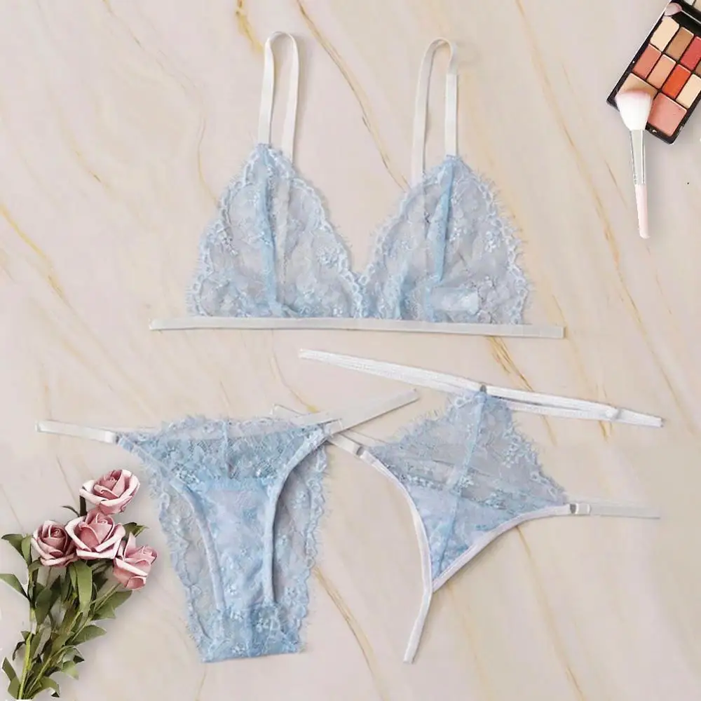 3PC Underwear Set Fashion Women Lace Sexy Bra Thong Hollow G String ...