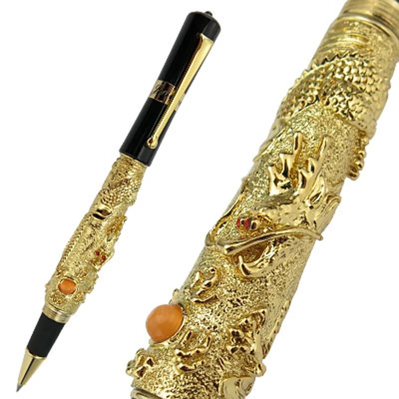 Jinhao Elegant Flying Dragon Rollerball Pen Metal Embossing, Noble Golden Color Writing Gift Pen For Office & School & Home