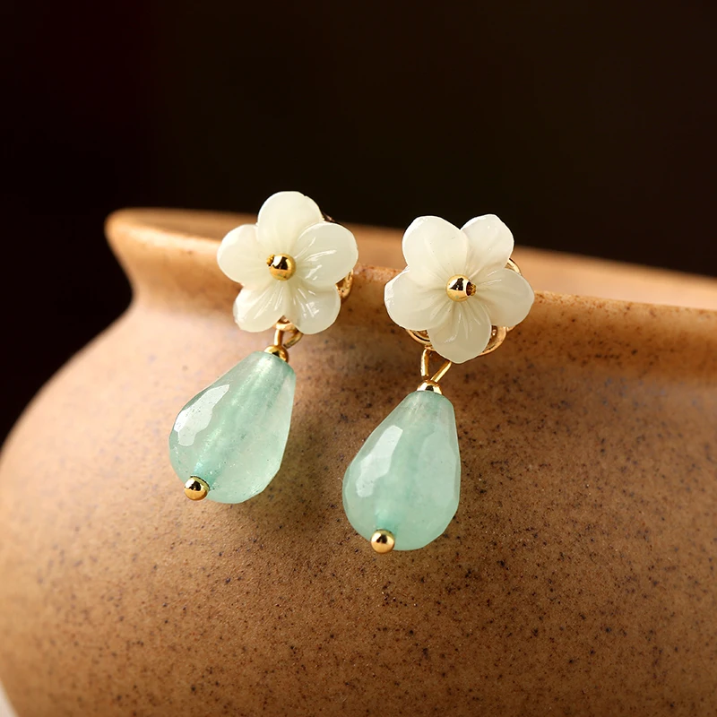 Винтажные серьги в китайском классическом стиле камень зеленый нефрит длинные