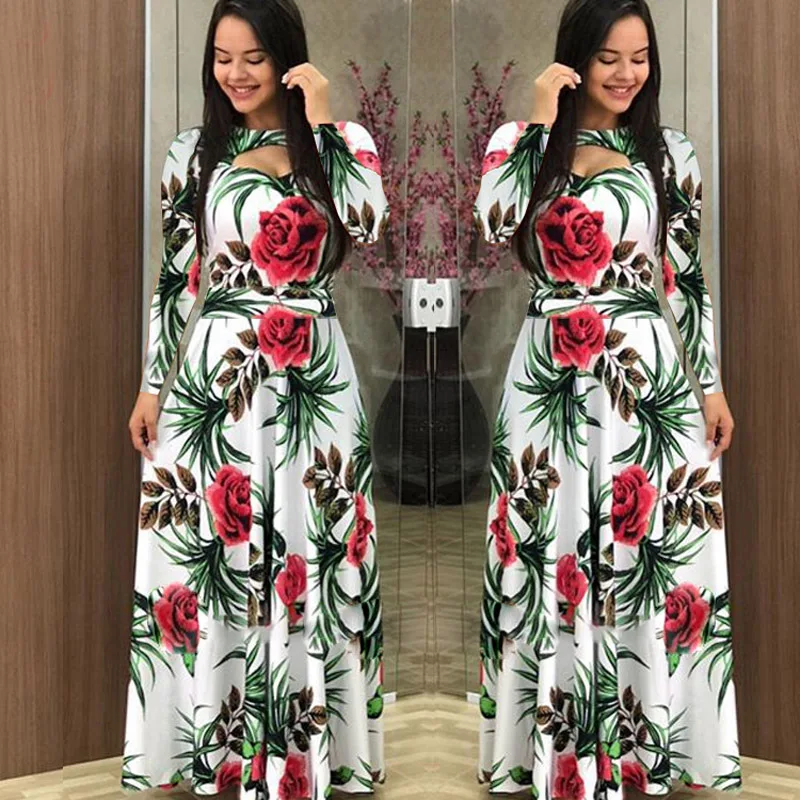 Flower Print Winter Dress Woman Casual Bohemia Long Sleeve Dresses For Women Elegant Plus Size Maxi Vestidos Autumn Dress 2020