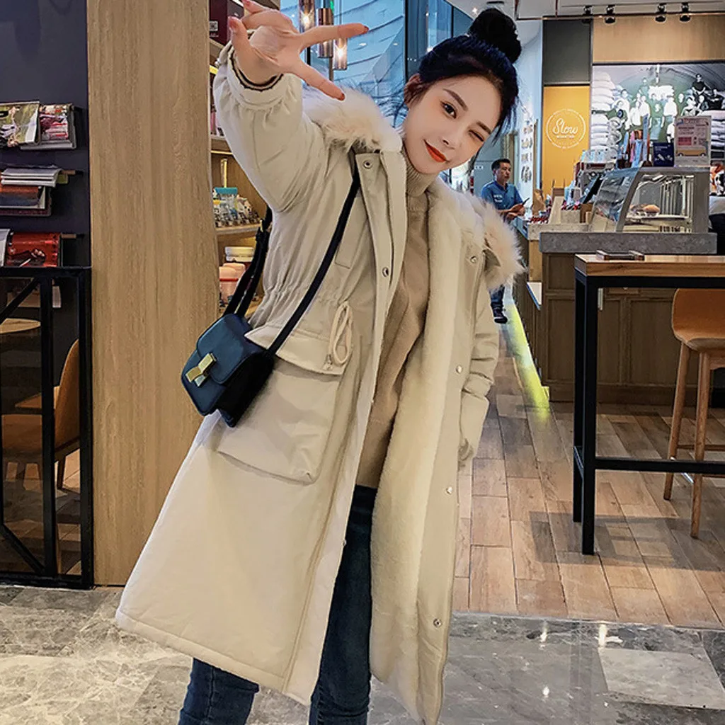 Зимнее пальто для женщин большой меховой воротник с капюшоном Длинная Куртка Толстая теплая Корейская стеганая парка негабаритная армейская парка